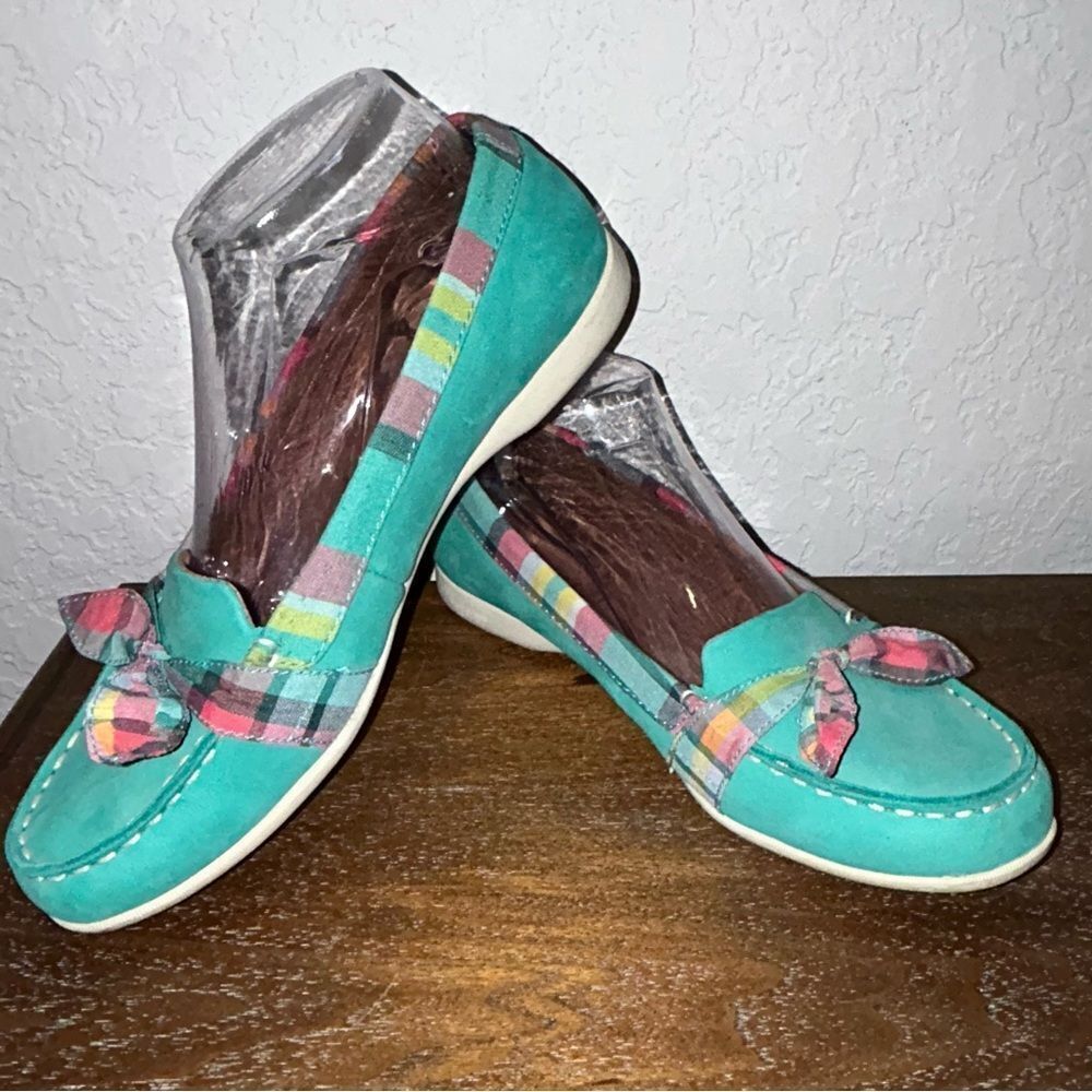 Sebago Felucca Dockside Bow Plaid Print Leather Slip On Loafer Boat Shoes